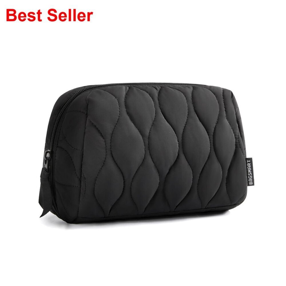 Puffy Padded Travel Makeup Bag, Wide-Open Cosmetic Organizer with Brush Pockets